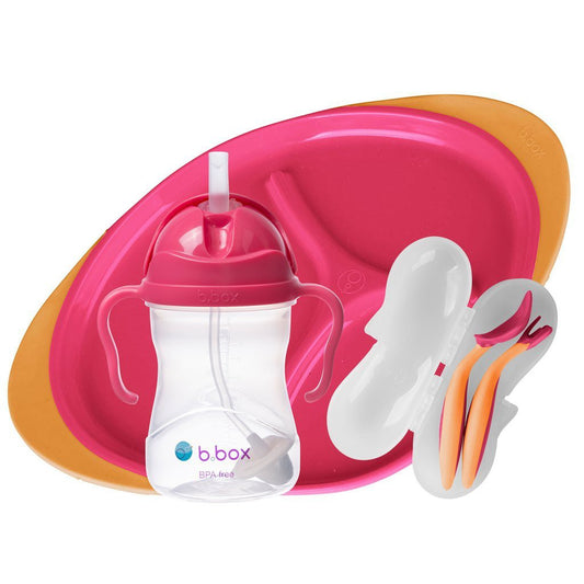 B.Box Toddler Sippy Cup and Cutlery Plate Set Pink