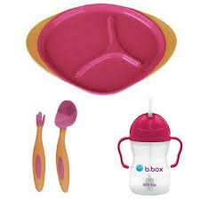 B.Box Toddler Sippy Cup and Cutlery Plate Set Pink