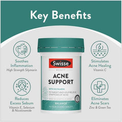 Swisse Beauty Acne Support 60 Film Coated Tablets with Silymarin Help Relieve Symptoms of Acne